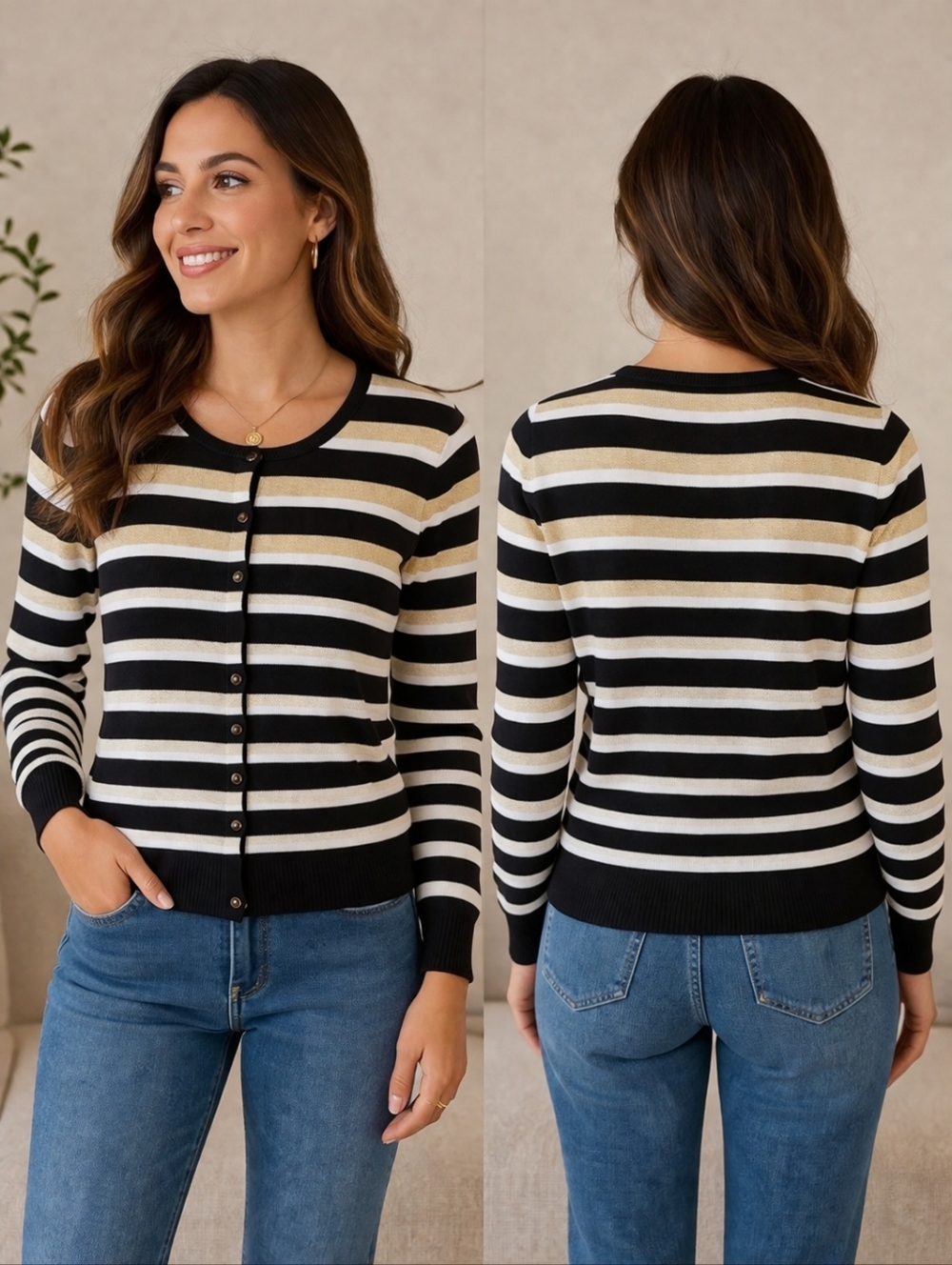 Nue Options Striped Cardigan in Black, White, and Gold Button Down Sz L